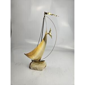 Vintage Signed DeMott Brass‎ Metal Sail Boat Sculpture Marble Base 13”
